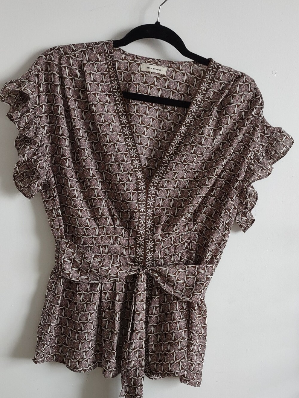 Max Studio Brown And Pink Peplum Printed Tie-Waist Blouse with Ruffle Detailing